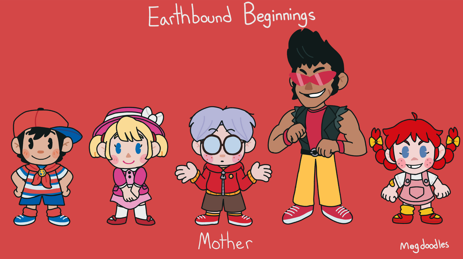 Redesigns of the 5 playable characters from Mother/Earthbound Beginnings (Nintendo)